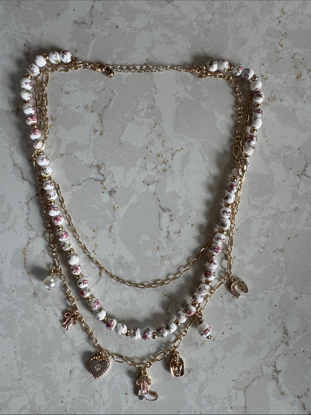 Gold Multi-Strand Floral Bead Charm Necklace - White & Pink